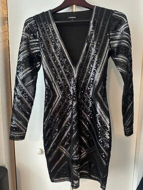 Express Black Sequin V-Neck Bodycon Dress size XS